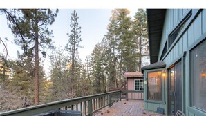 A wooden deck with pine trees, a bench, and a building with a green exterior.