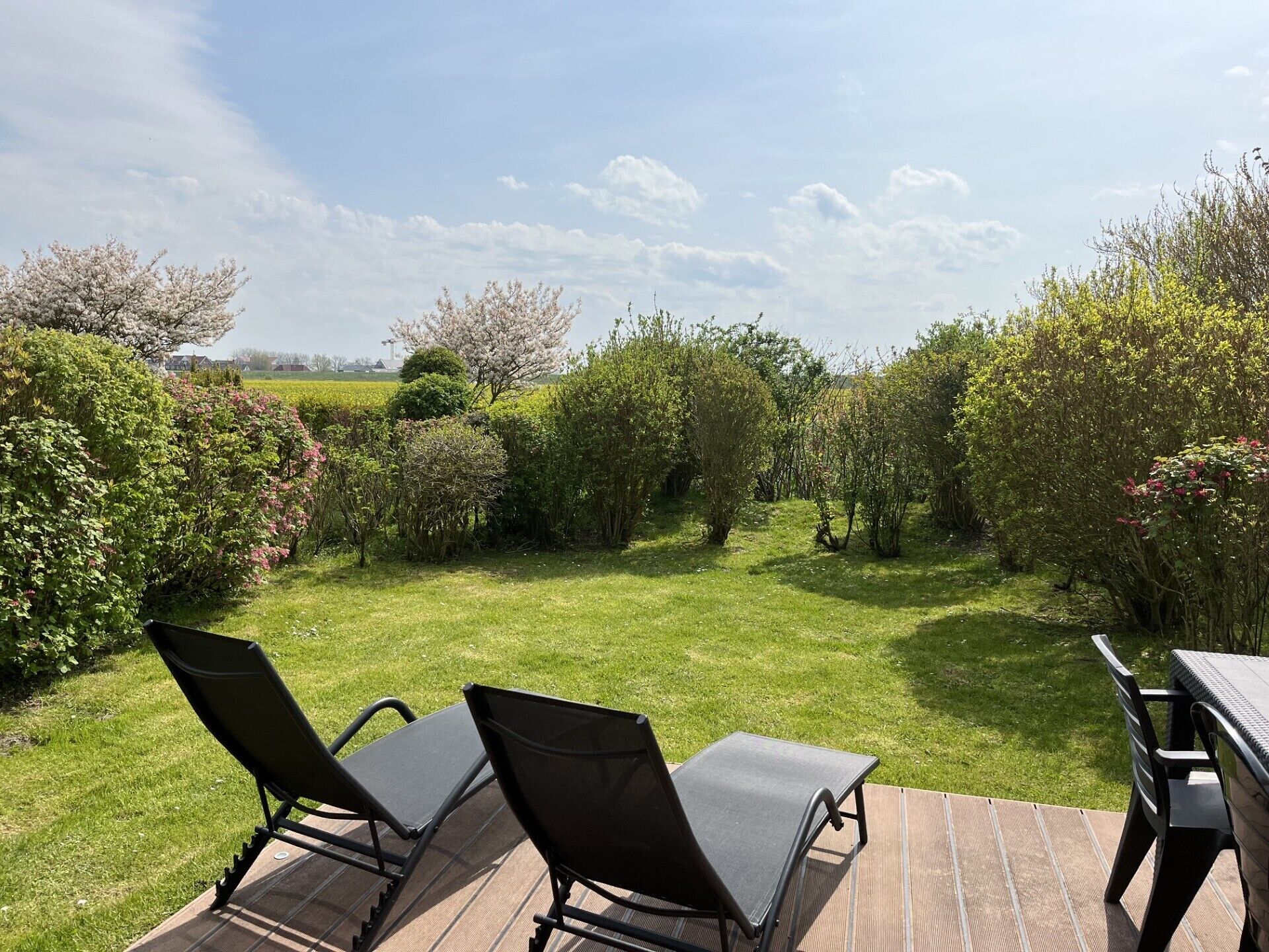 An outdoor patio with two chairs and a table, surrounded by a well-maintained lawn and various shrubs.