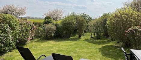 An outdoor patio with two chairs and a table, surrounded by a well-maintained lawn and various shrubs.