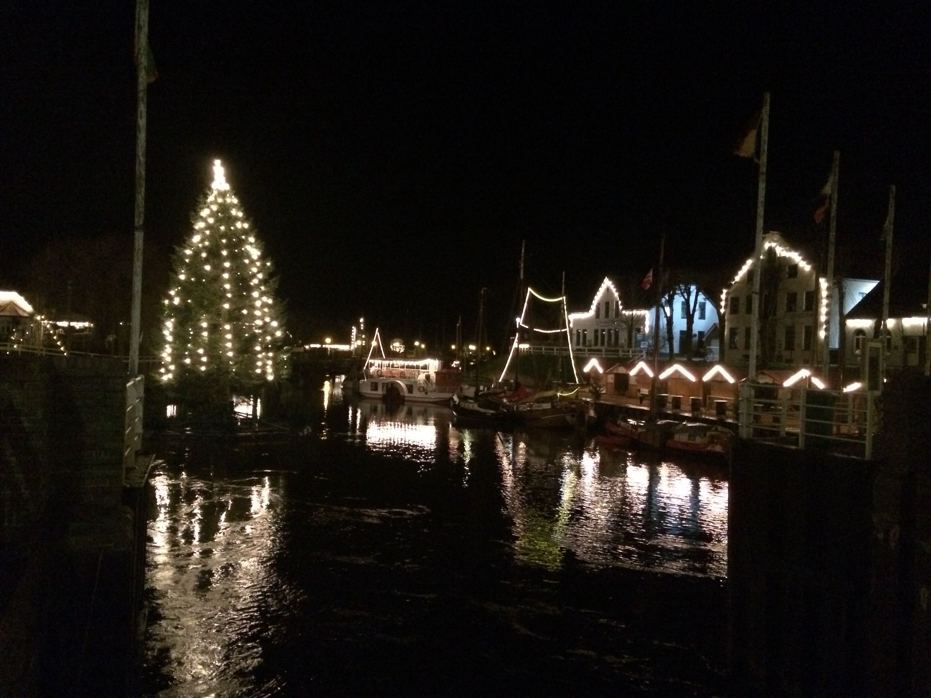 Une scène au bord de l’eau, avec un sapin de Noël et des bâtiments illuminés.