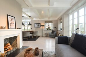 Smart TV, chimenea, libros y videoteca