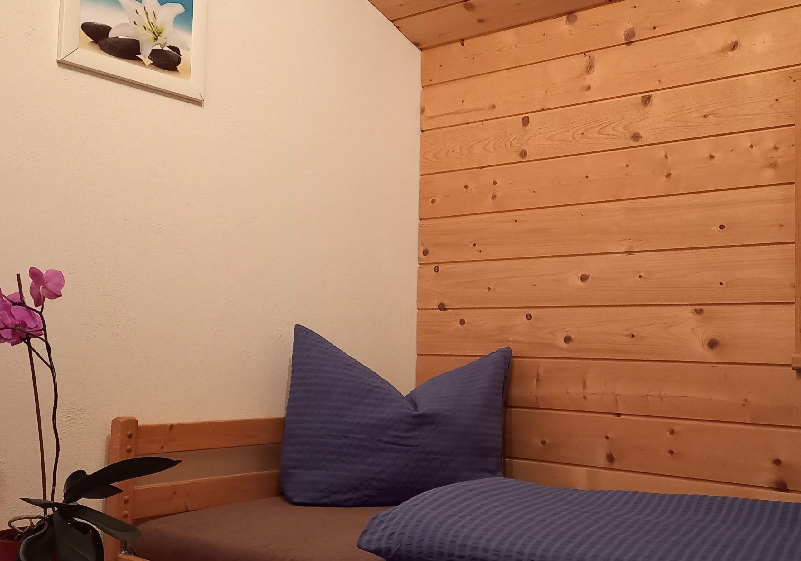 Canto de um quarto com parede de madeira, uma cama com duas almofadas e um vaso com planta de flores cor-de-rosa.