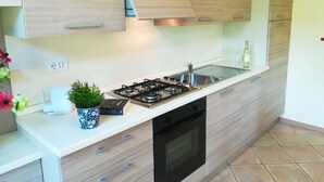 Een moderne keuken met houten kastjes, een gasfornuis, een vaatwasser en een spoelbak.