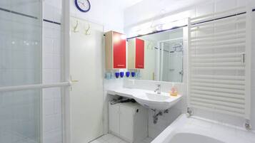 Duschwanne, Haartrockner, HandtĂŒcher, Toilettenpapier