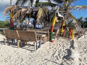 Beach nearby, white sand, 2 beach bars