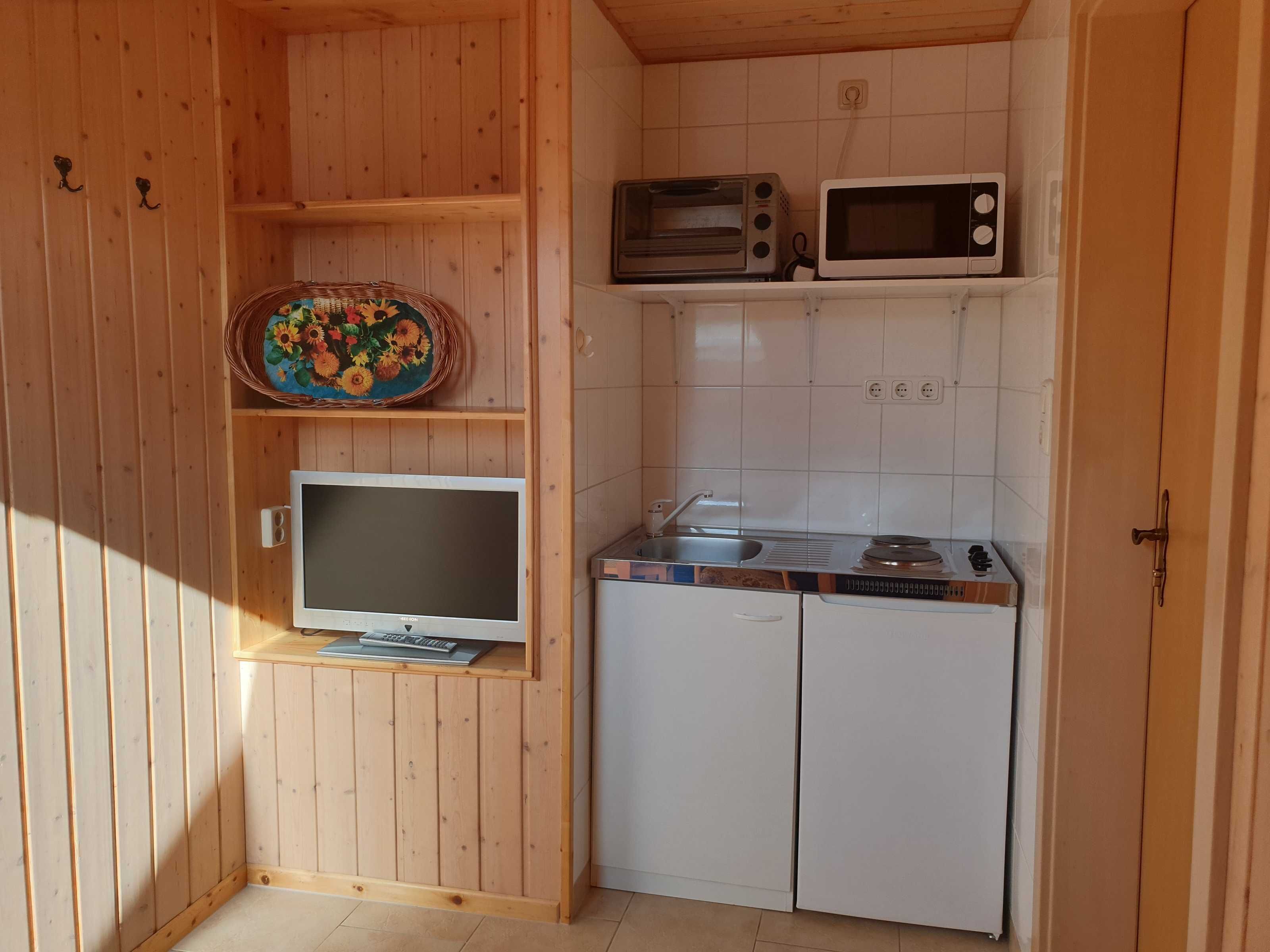 A compact kitchen with wooden walls, a microwave, a toaster, a sink, and a television on a shelf.