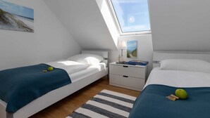 Un dormitorio con dos camas, una mesita de noche, una lámpara, un cuadro y una ventana.