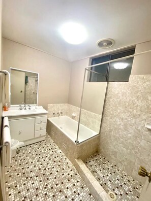 Family Room | Bathroom | Shower, free toiletries, hair dryer, towels