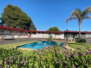 Seasonal outdoor pool, open noon to 8:00 PM, pool umbrellas