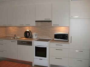 Kylskåp, mikrovågsugn, spishäll och diskmaskin