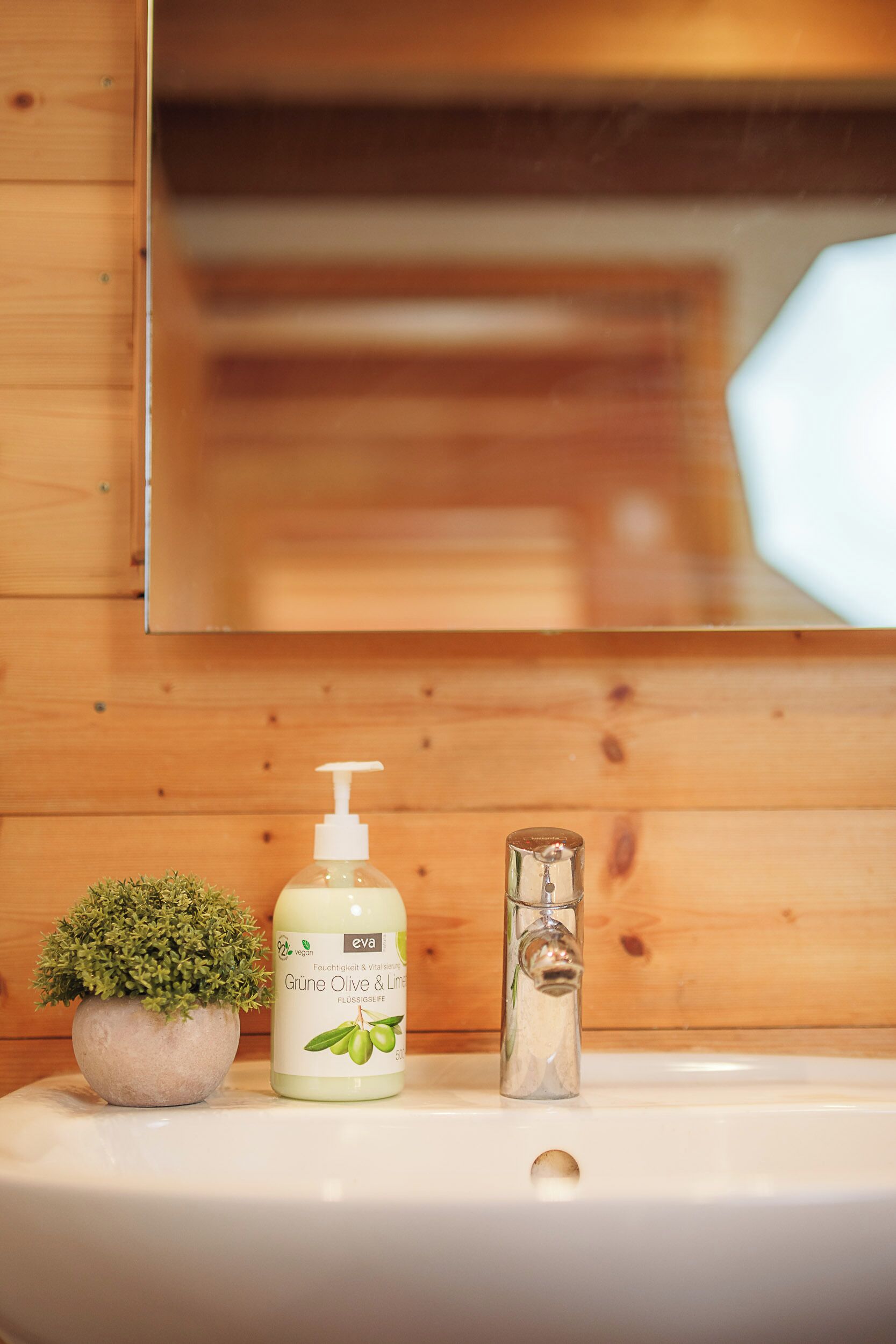 Un baño con pared de madera, un lavamanos blanco, una pequeña planta en maceta y una botella de jabón líquido.