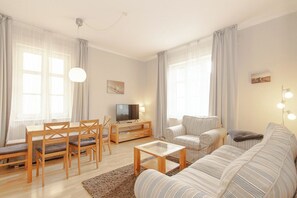 TV, DVD player, video library, stereo