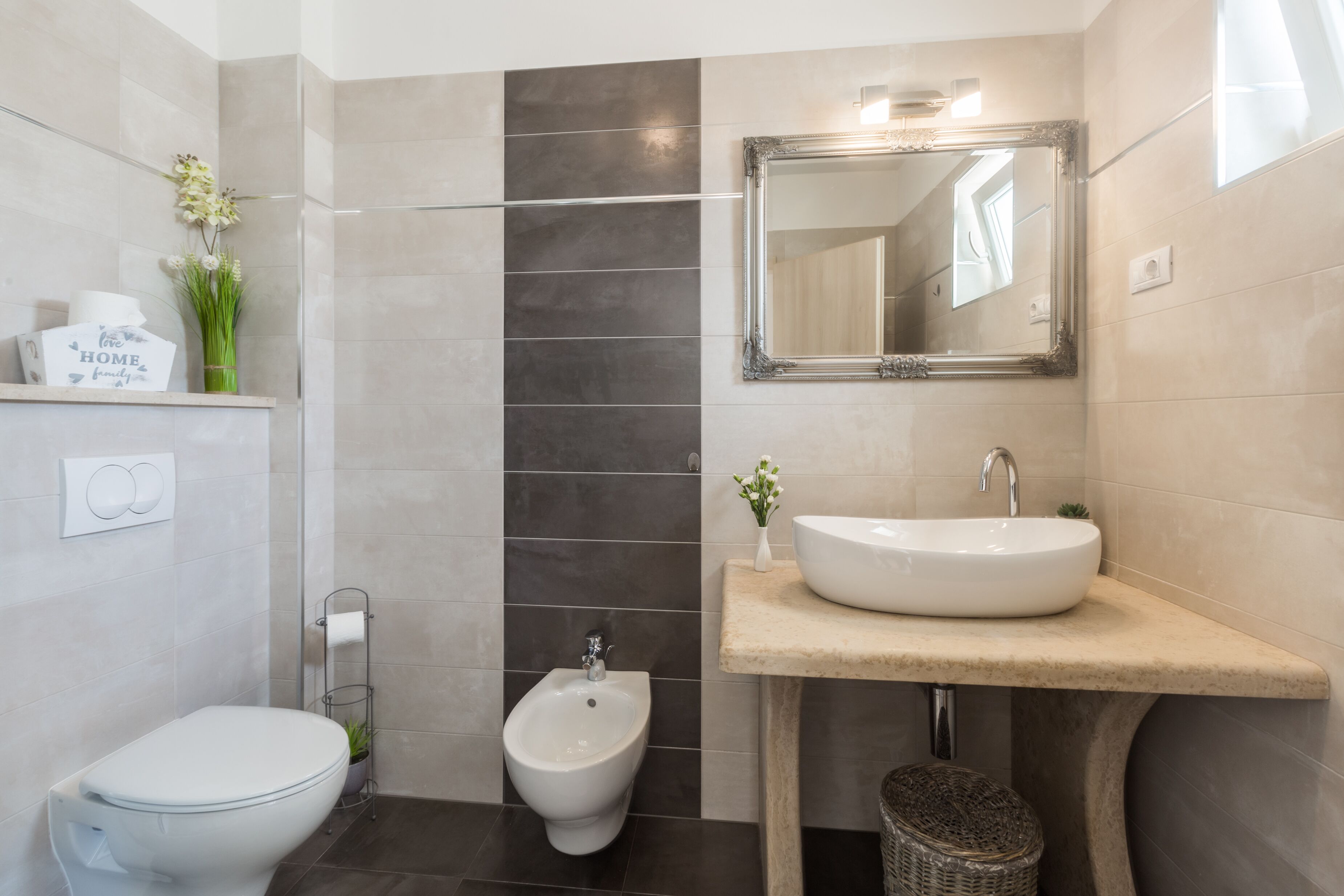 Regadera, bidet, toallas, papel de baño 