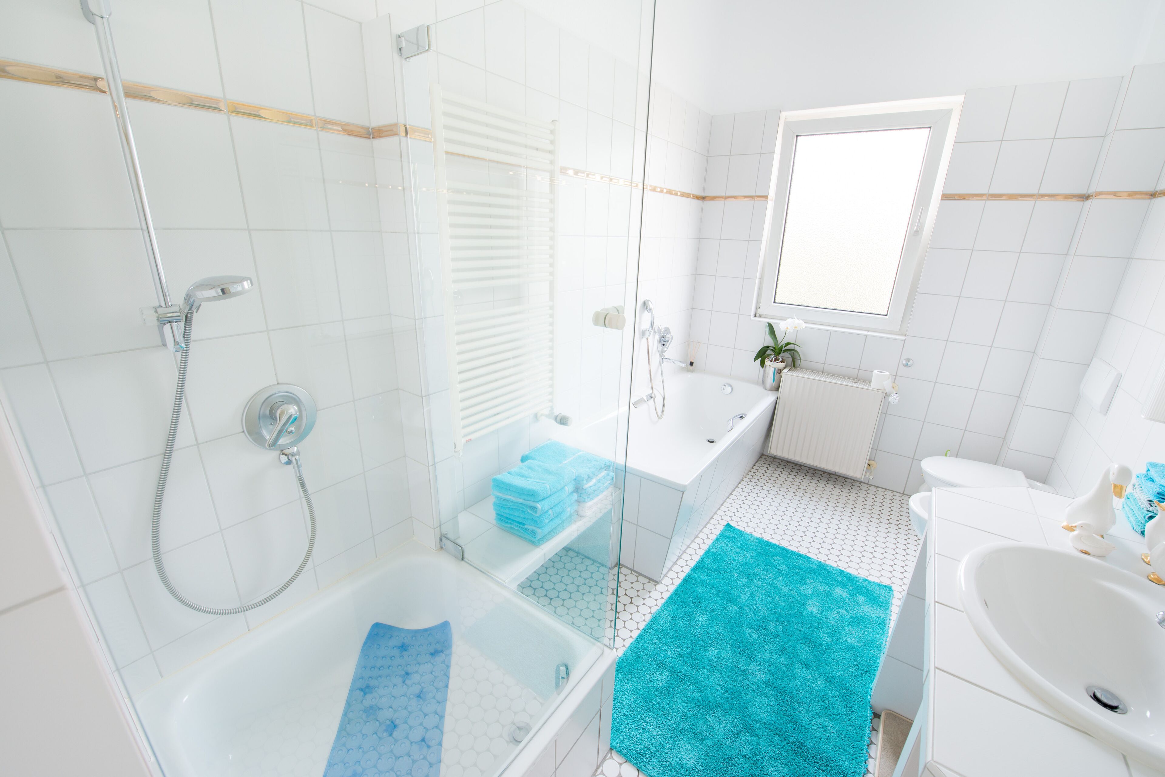 Bathtub, hair dryer, towels, soap