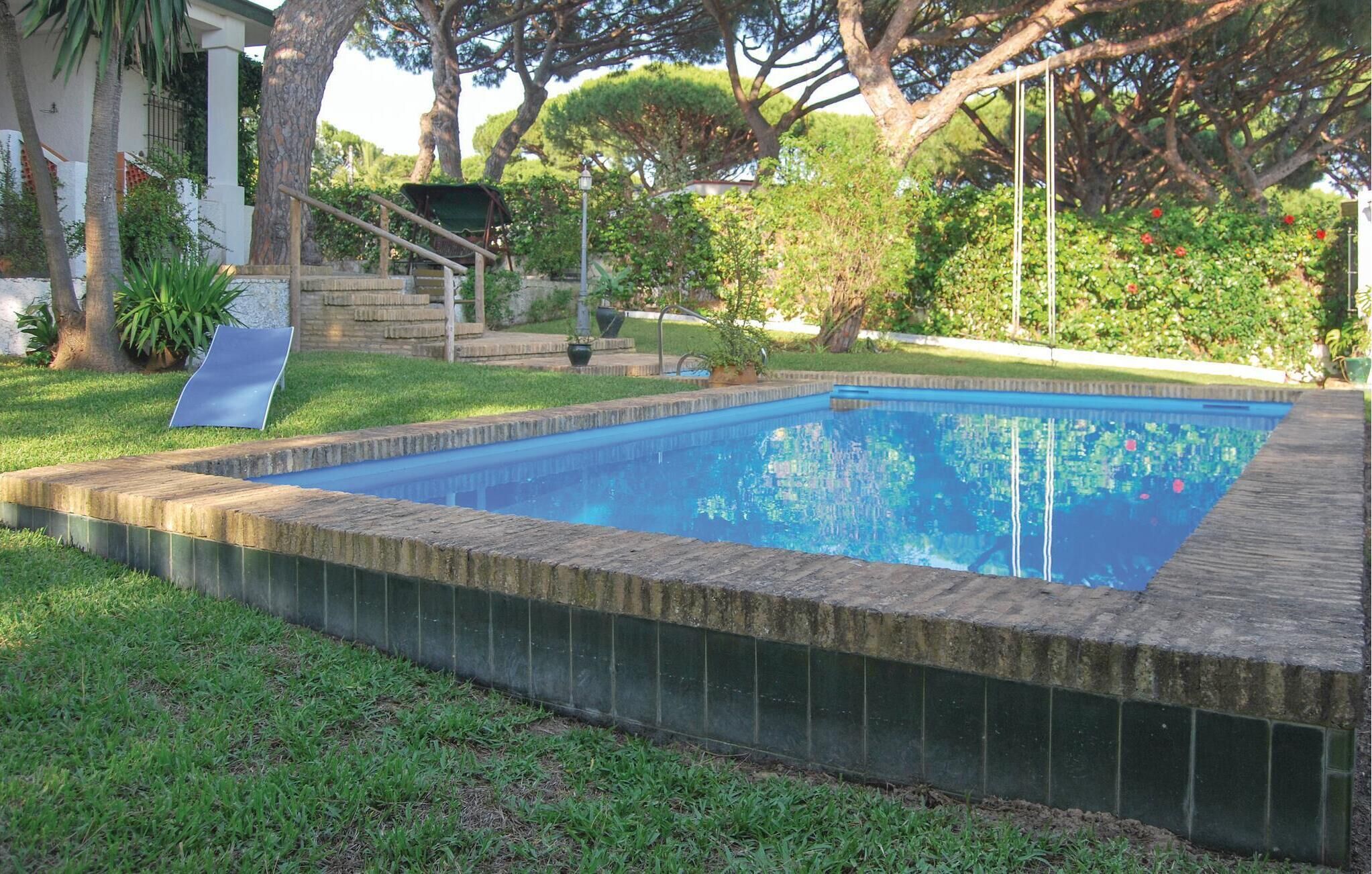 A rectangular swimming pool with a tiled edge, surrounded by a grassy lawn and trees.