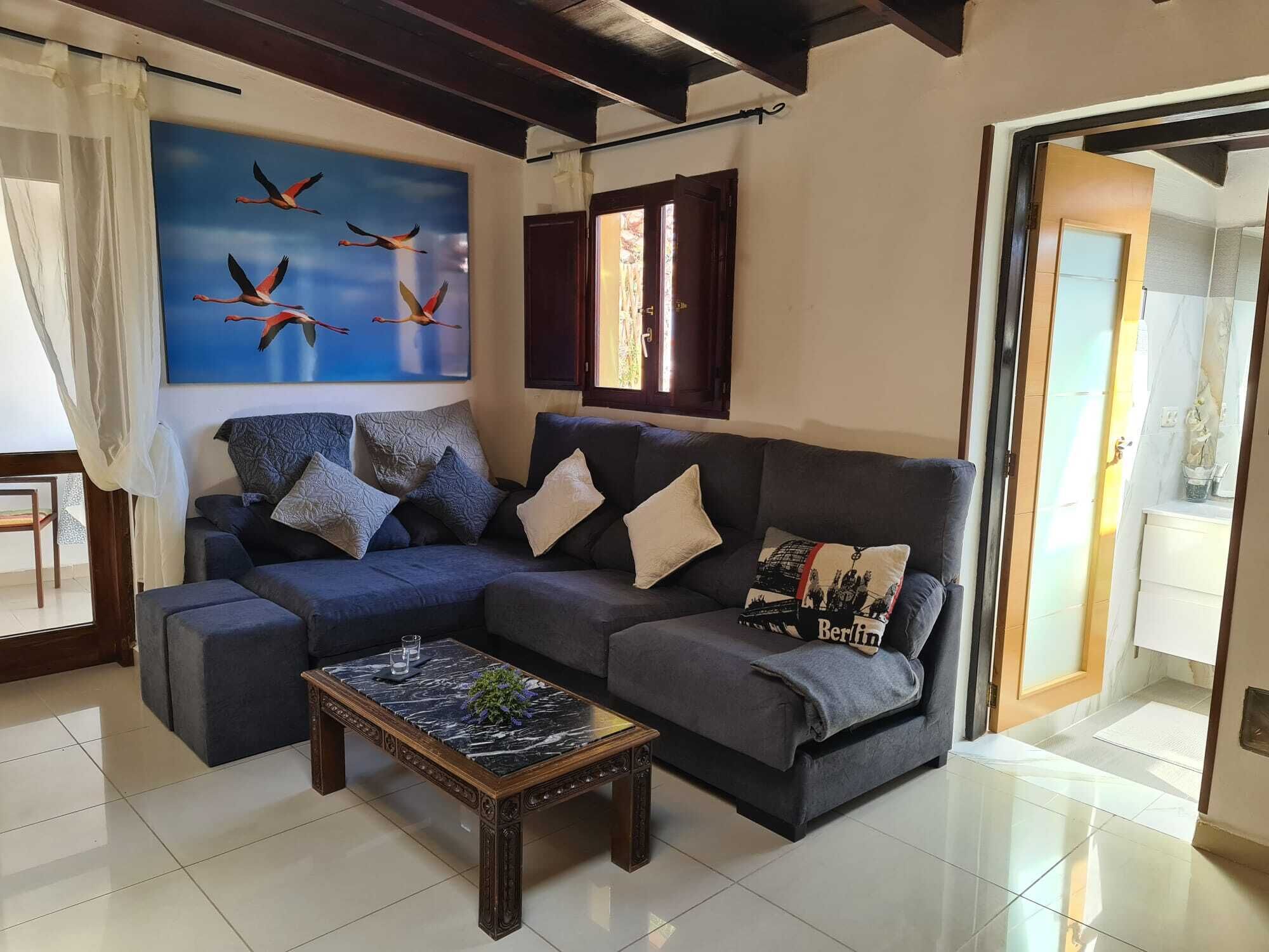 A living room with a dark grey sectional sofa, a wooden coffee table, and a painting of birds.