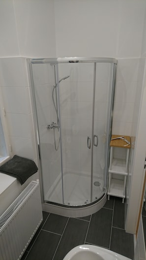 Shower, hair dryer, towels, toilet paper