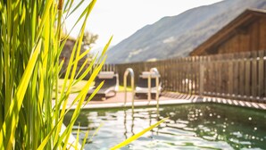 Une piscine à l’eau claire, entourée d’une clôture en bois, avec une montagne en toile de fond.