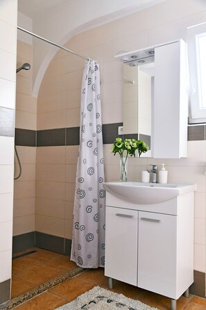 Chuveiro, secador de cabelo, toalhas de banho, papel higiênico