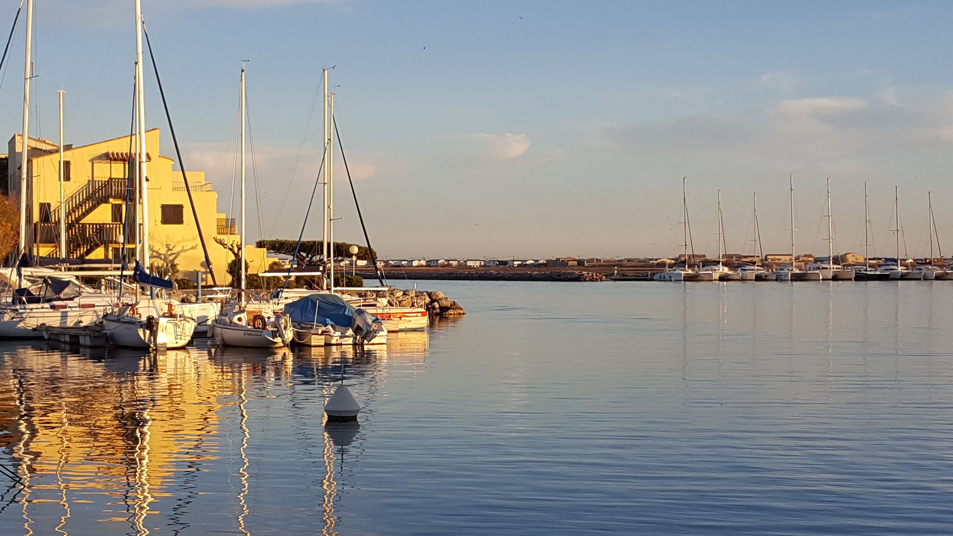 A marina with multiple sailboats docked, a building with a staircase, and calm water reflecting the boats.
