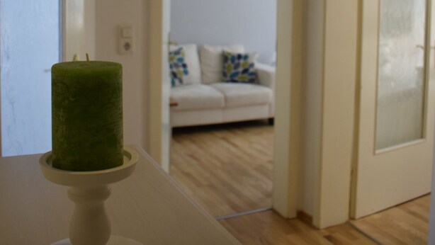 A room with a white door, a white wall, and a wooden floor. - Apartment, close to the center and in a quiet location on the floodplain forest (Leipzig)