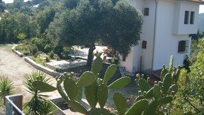 Un edificio blanco con techo de tejas rojas, rodeado de follaje y un cactus al frente.