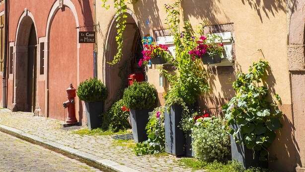 Ein Gebäude mit mehreren Fenstern, einige davon mit Fensterläden, und einem Hydranten im Vordergrund.