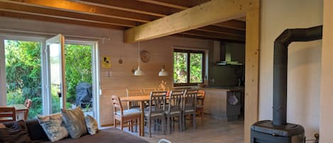 Smart TV, fireplace, DVD player, books