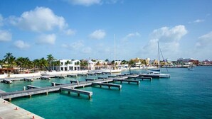 Un puerto deportivo con muelles, barcos y un pueblo costero al fondo.