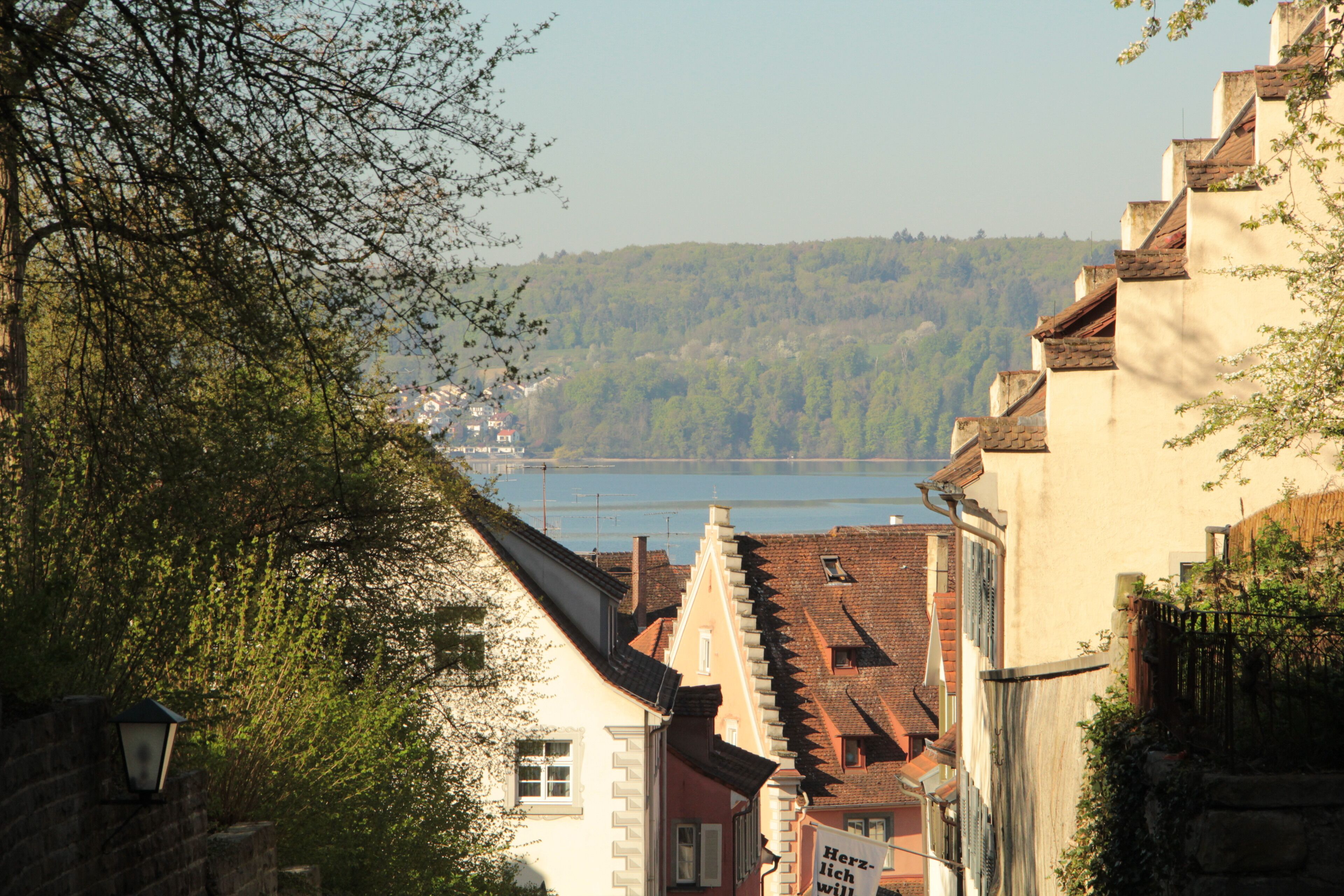 A view of a river with buildings in the foreground and a hilly landscape in the background.