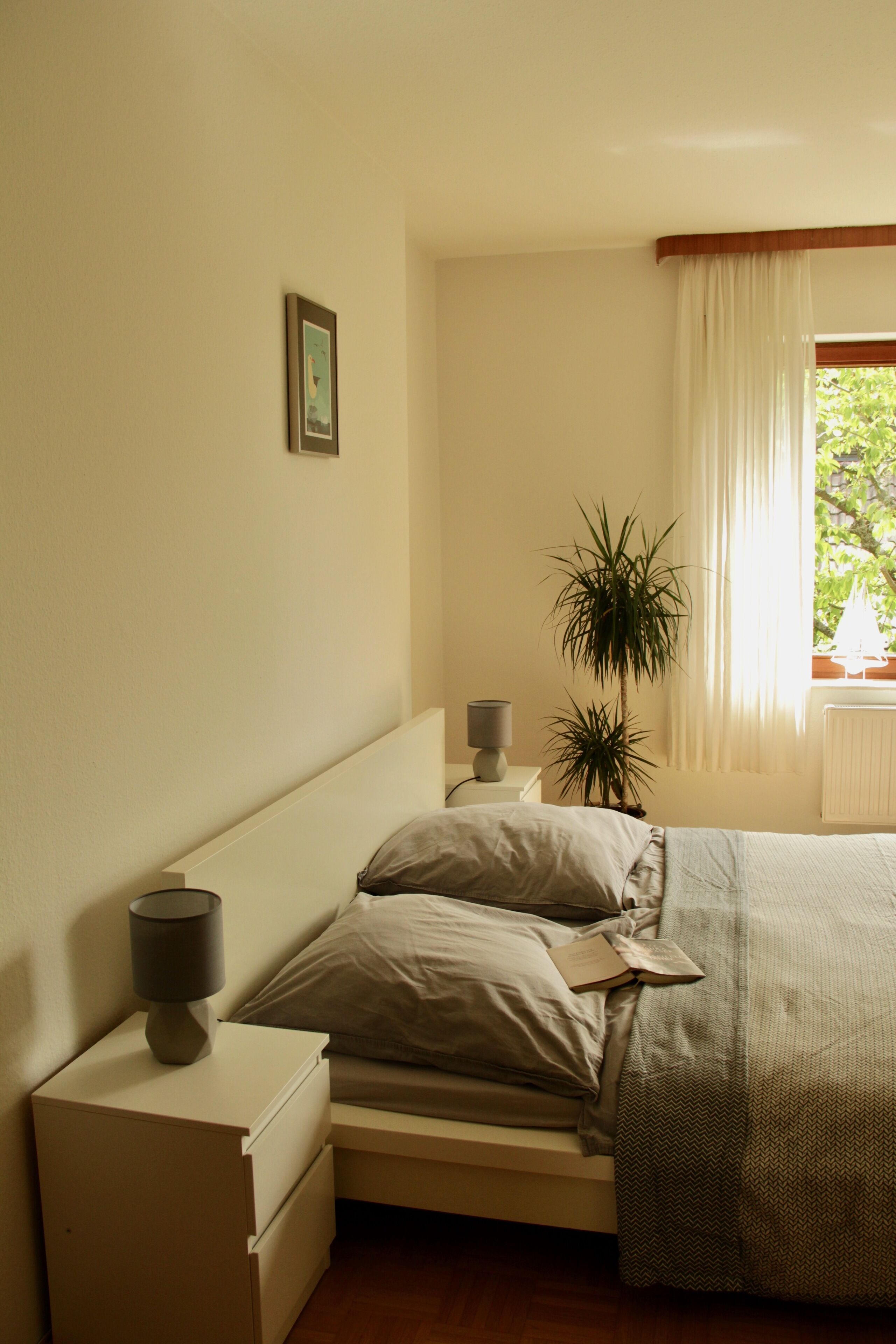Une chambre à coucher avec un lit, des tables de chevet, une lampe, une plante en pot et une fenêtre avec des rideaux.
