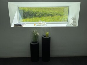 Una ventana con vistas a un campo, dos jarrones con plantas y un pequeño alféizar con una toalla y un patito de goma.