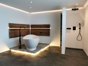 Bathtub, hair dryer, towels, toilet paper
