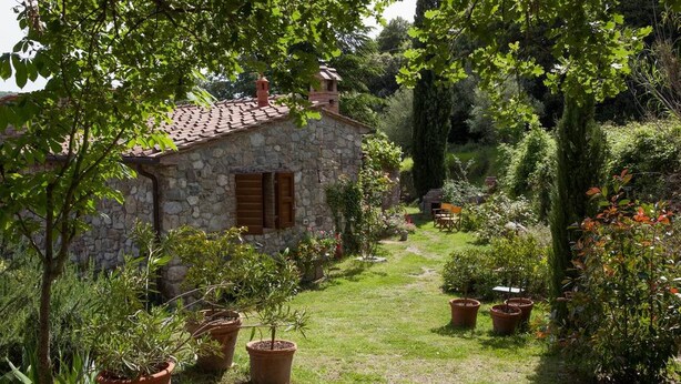 A stone house with a tiled roof, surrounded by a well-maintained garden with various potted plants and a grassy path. - beautiful accommodation in a quiet location and with a huge garden, M2 (Pomaia)