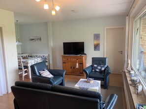 Smart-TV, DVD-Player, Bücher, Stereoanlage