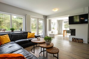 Smart TV, chimenea, juguetes, estéreo
