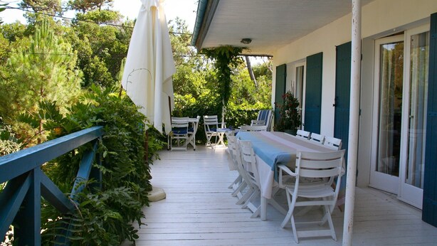 A covered outdoor patio with a table and chairs, surrounded by greenery. - Pleasant family villa, in the heart of Cap Ferret, close to the beach, 12 pers (Lège-Cap-Ferret)