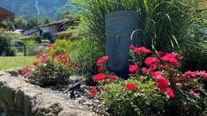 A garden with a Buddha statue, red flowers, and a mountainous backdrop.