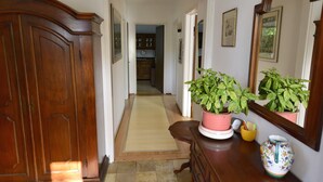 Un couloir avec une porte en bois, une plante en pot, un miroir et, au fond, on aperçoit une cuisine.