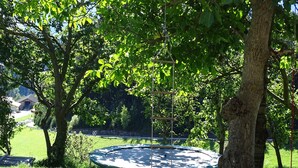 A trampoline in a grassy area with trees and a building in the background. - Farm holidays Rotsteinhof (Vöran)