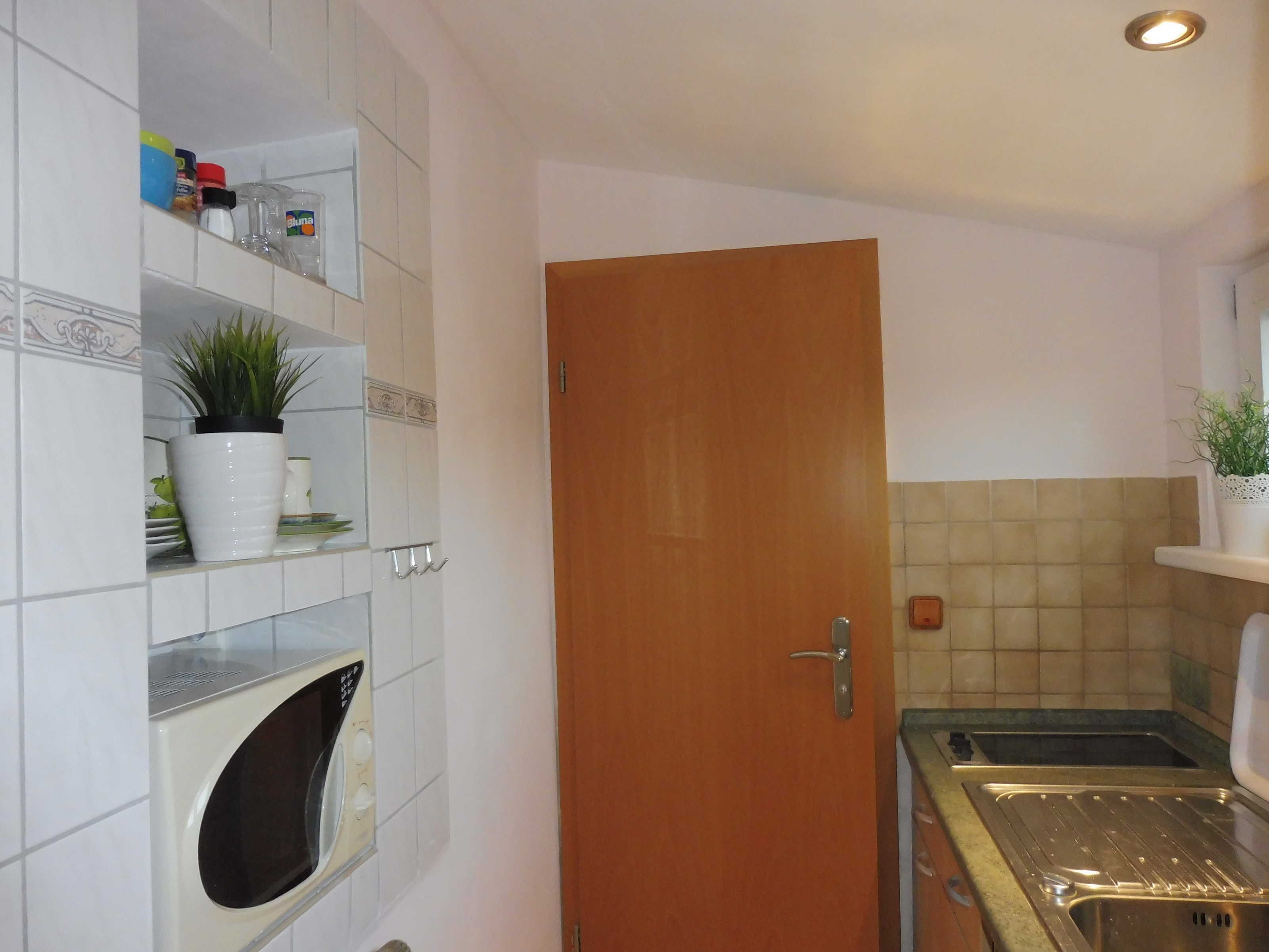 A kitchen with white tiled walls, a wooden door, a sink, and a potted plant.