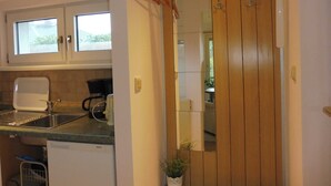 Una cocina con lavavajillas Bosch, un lavamanos y una ventana encima.