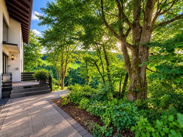 A modern building with a paved entrance, surrounded by lush greenery and trees.