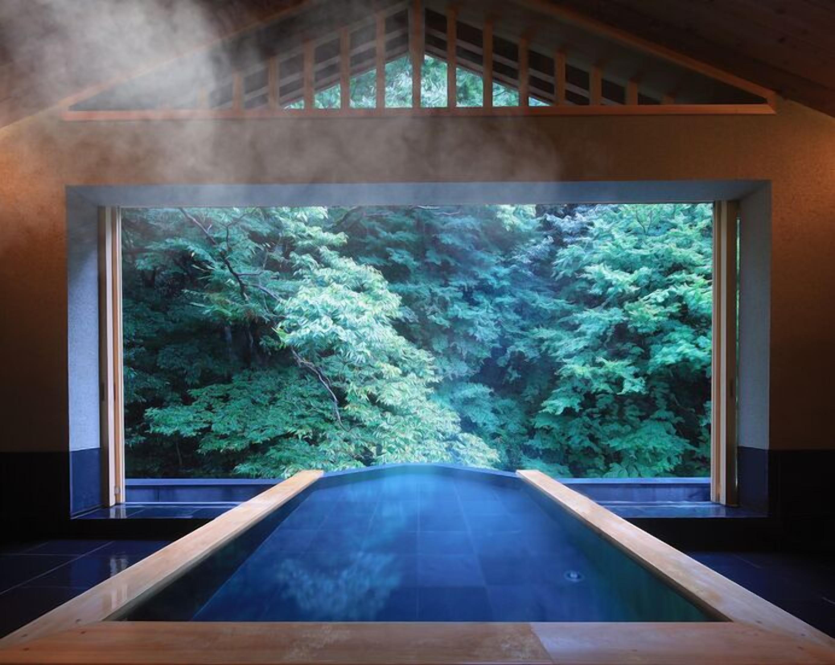 Un espace spa doté d’une grande fenêtre donnant sur une forêt, d’un bain à remous et d’une structure de plafond en bois.