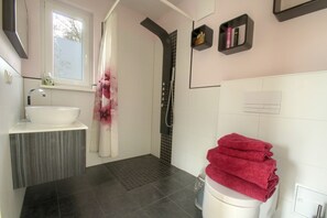 Shower, hair dryer, towels, soap