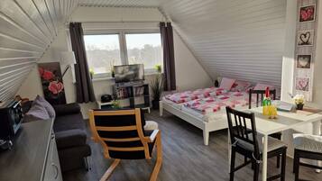 TV, DVD player, books, stereo