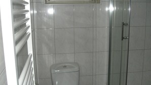 Un baño con inodoro, ducha y radiador.