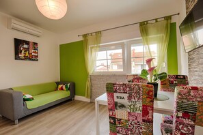 Smart TV, fireplace, books