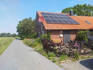 Et hus med skråtag, solpaneler, en parabol og en have med forskellige planter og blomster.