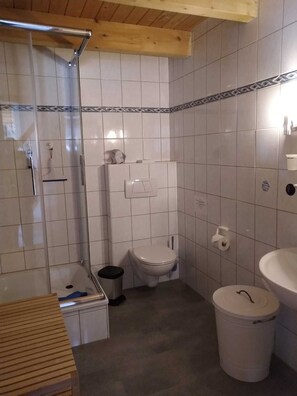 Chuveiro, secador de cabelo, toalhas de banho 